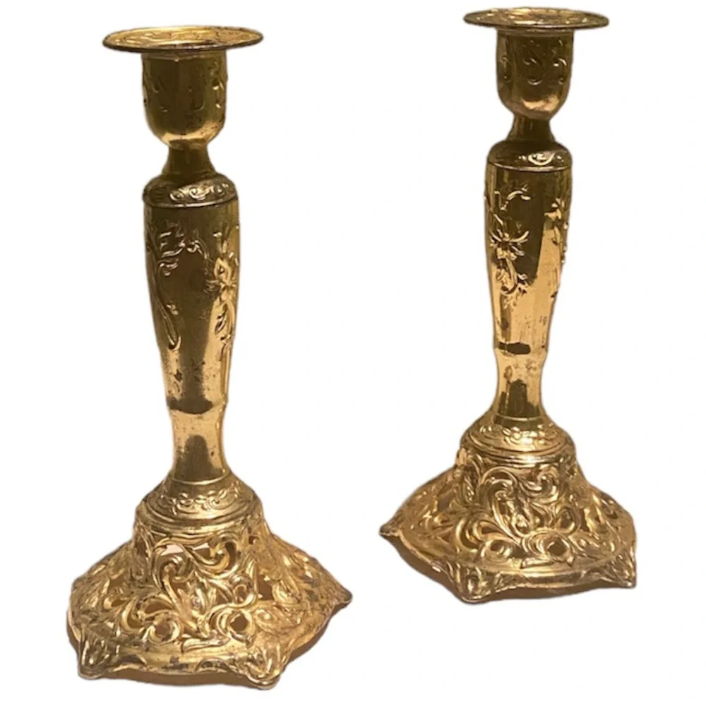 Vintage Candlesticks Set Candle Holders Ornate Cast Metal Brass Gold Filigree